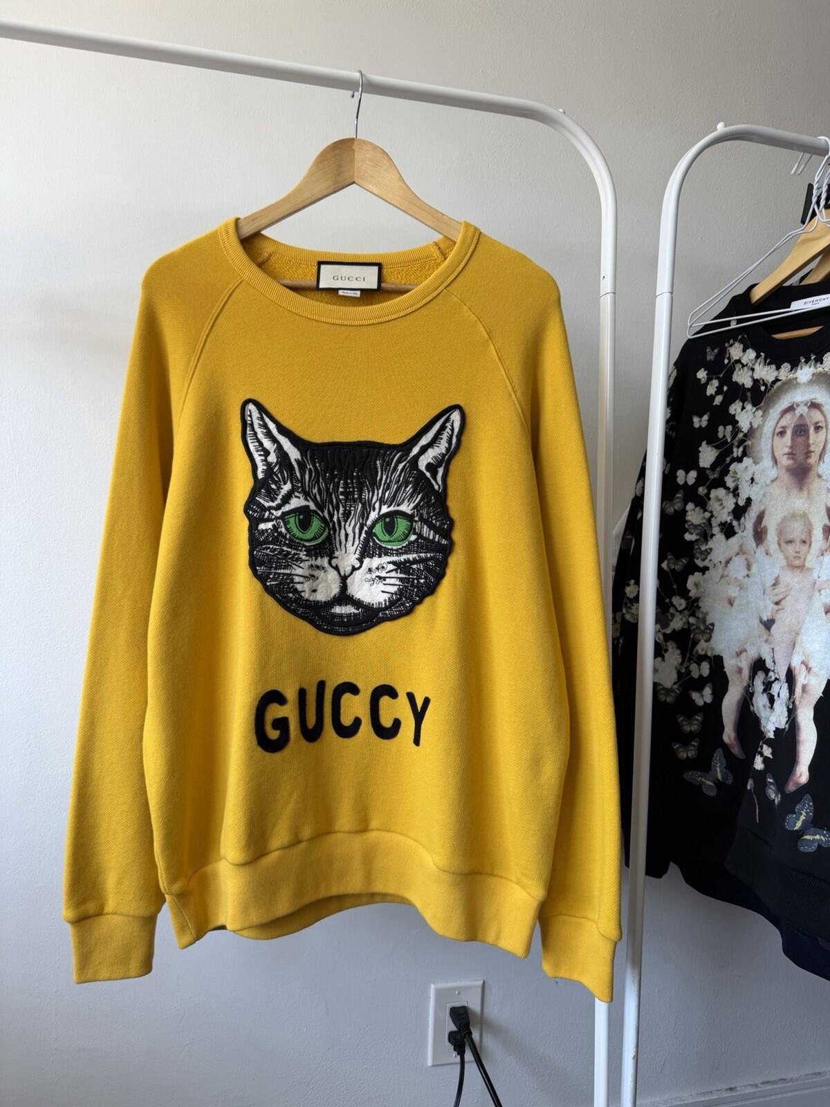 Authentic Gucci Yellow Mustard Mystic Cat Sweatshirt  L Embroidered Gucc
