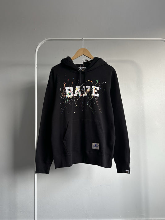 A BATHING APE BAPE PAINT SPLATTER PULLOVER HOODIE BLACK MULTICOLOR SZ L