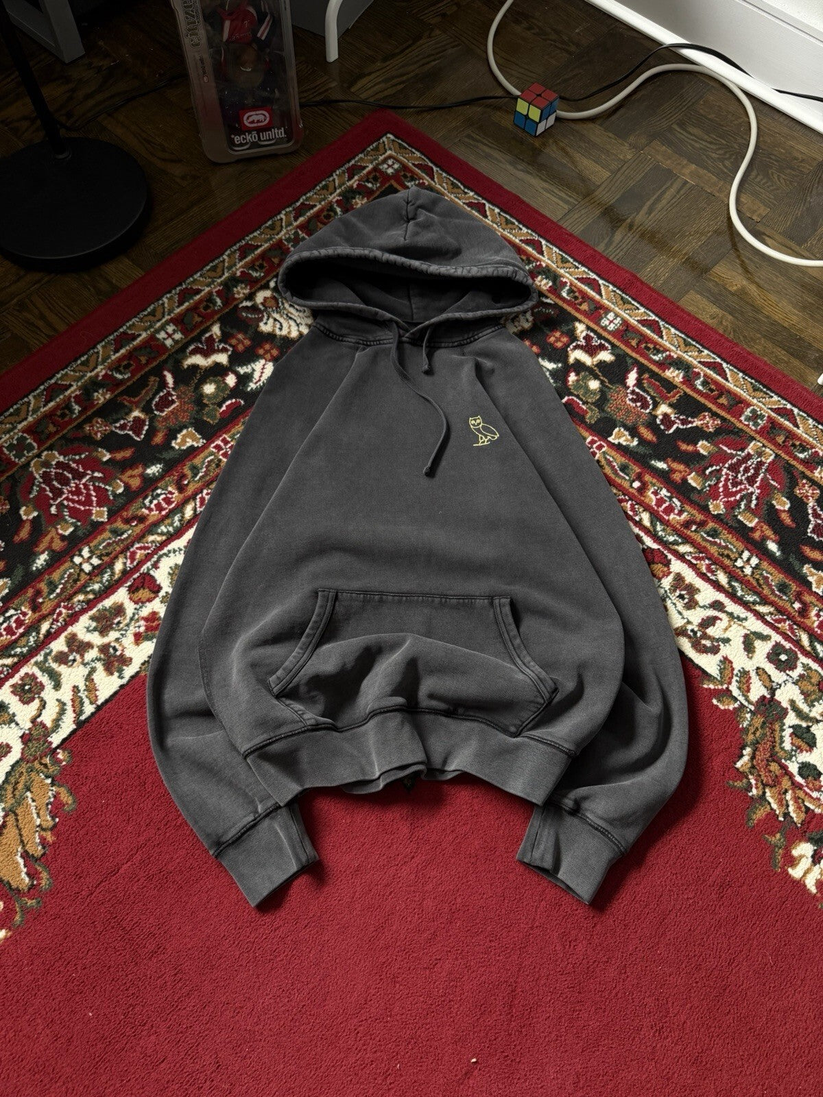 October's Very Own OVO Drake Pigment Dyed Owl Logo Hoodie Sweatshirt Off Black S